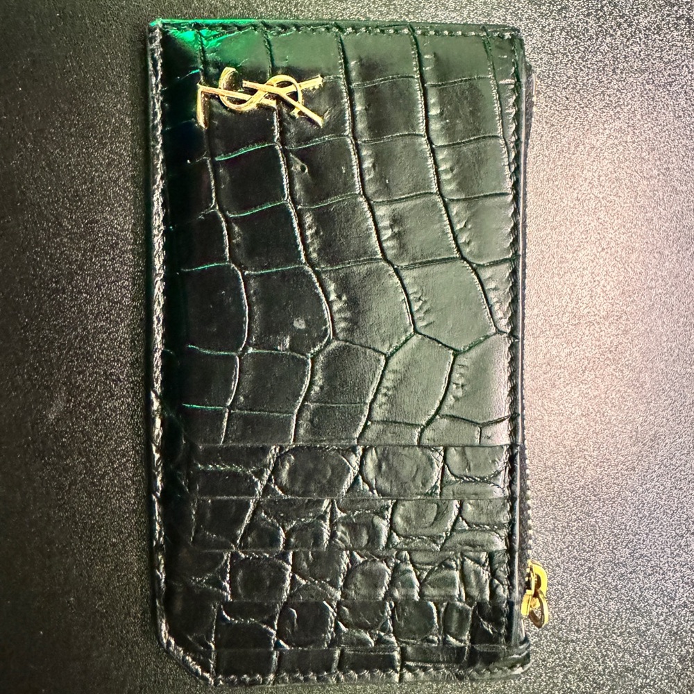 YSL tiny Cassandre fragments zip card case in crocodile embossed matte leather
